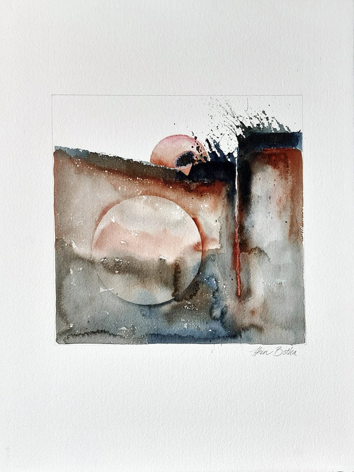 Magma Momento by Hein Botha, an abstract acrylic ink and watercolour work shown on the full sheet of white paper with the artist’s signature visible.