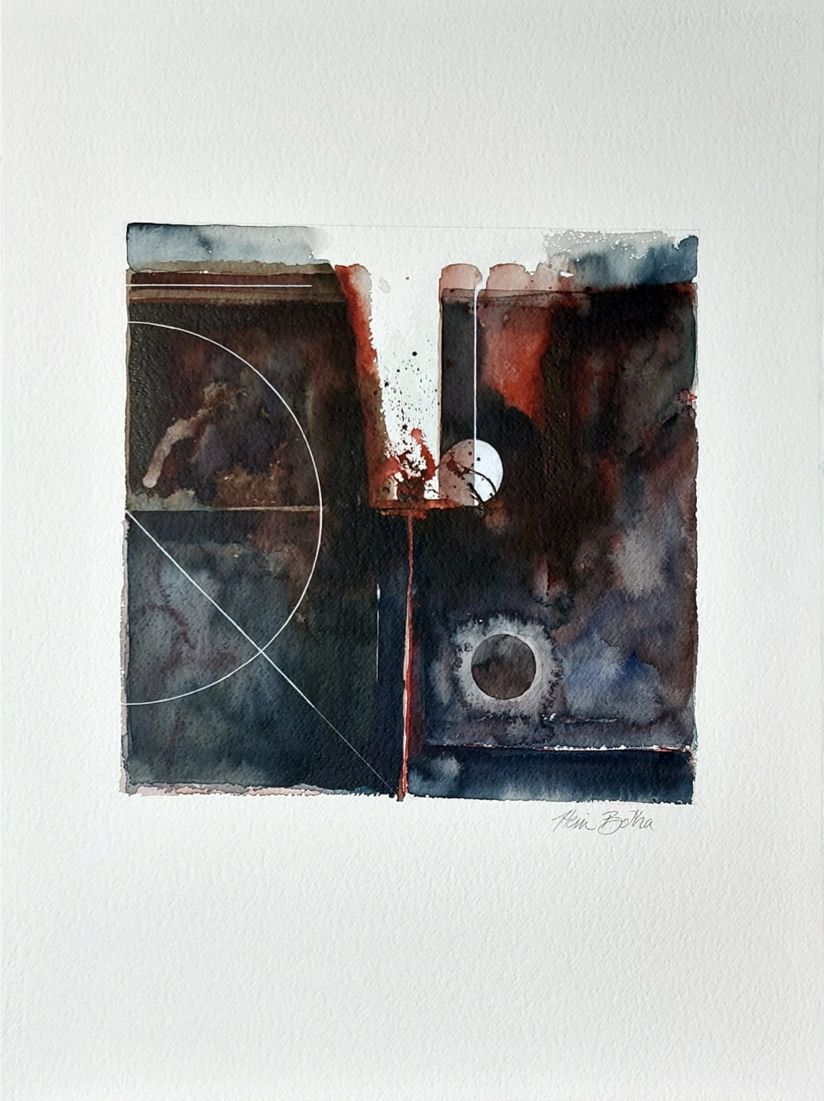 Geo Logic by Hein Botha, an abstract acrylic ink and watercolour work shown on the full sheet of white paper with the artist’s signature visible.