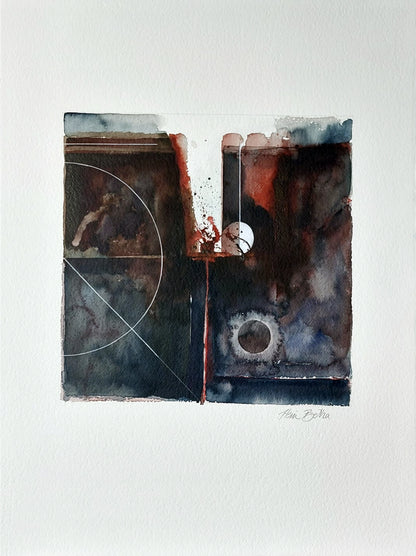 Geo Logic by Hein Botha, an abstract acrylic ink and watercolour work shown on the full sheet of white paper with the artist’s signature visible.
