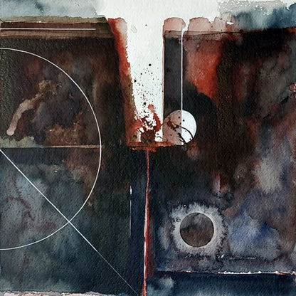 Geo Logic by Hein Botha, an abstract acrylic ink and watercolour painting with geometric lines, circular forms and layered washes in deep blue, black, rust and grey.