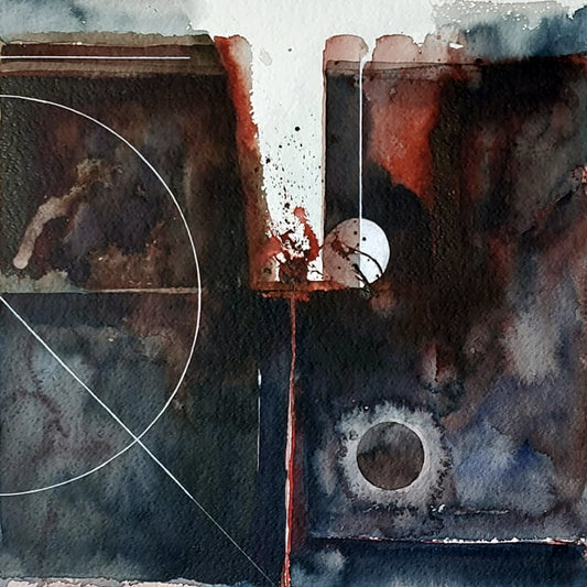 Geo Logic by Hein Botha, an abstract acrylic ink and watercolour painting with geometric lines, circular forms and layered washes in deep blue, black, rust and grey.