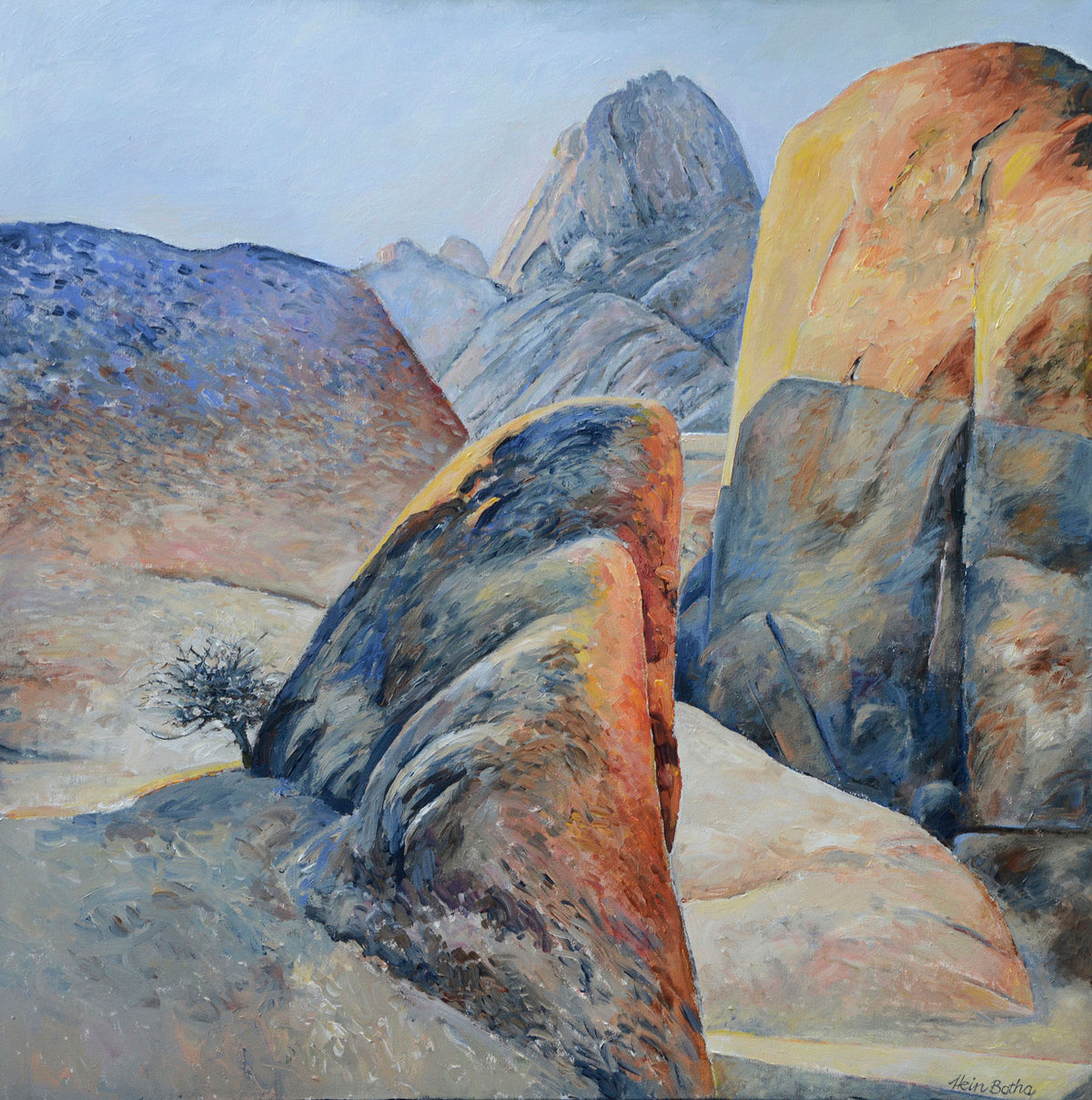 Heartland Laid Bare by Hein Botha, a colourful landscape painting of monumental rocky mountains with aloe plants in the foreground.