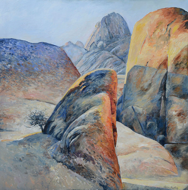 Heartland Laid Bare by Hein Botha, an acrylic landscape painting of monumental granite rock formations and a solitary tree in a rugged African landscape.