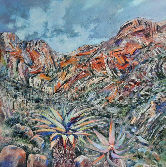 An expressive landscape painting of a desert mountain scene in South Africa with orange and brown rock formations, blue sky, and colorful succulents in the foreground.