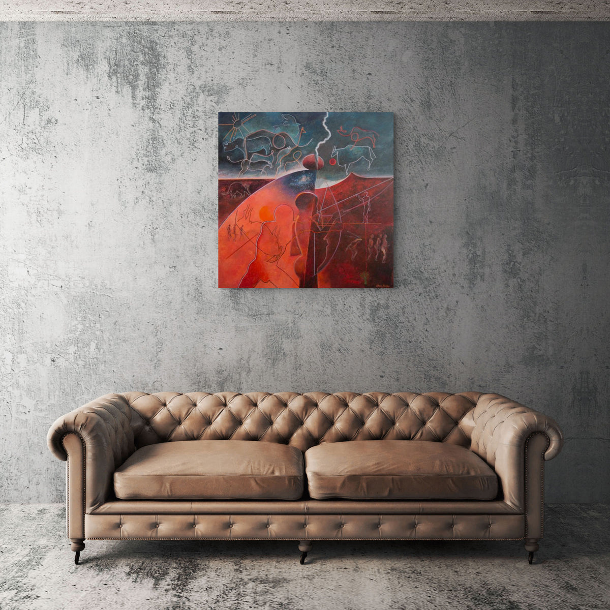 Hein Botha San-inspired painting displayed on a cement wall above a leather sofa in a minimalist interior