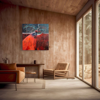 Colourful abstract figurative painting by Hein Botha hanging on wood-clad wall in a modern interior.