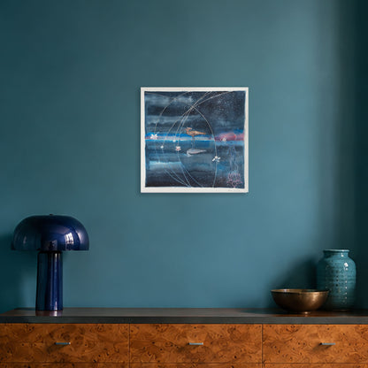 San Myth Souls & Shooting Stars by Hein Botha, a watercolour painting on paper featuring birds, celestial arcs and floral forms, displayed against a deep blue wall in a contemporary interior.