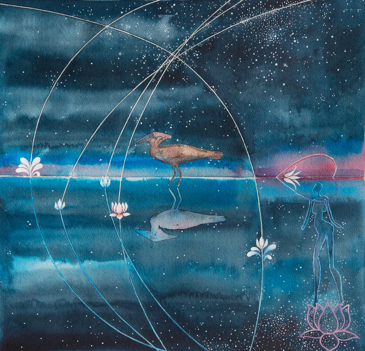San Myth Souls & Shooting Stars by Hein Botha, an abstract watercolour painting with layered washes, expressive marks and celestial forms.