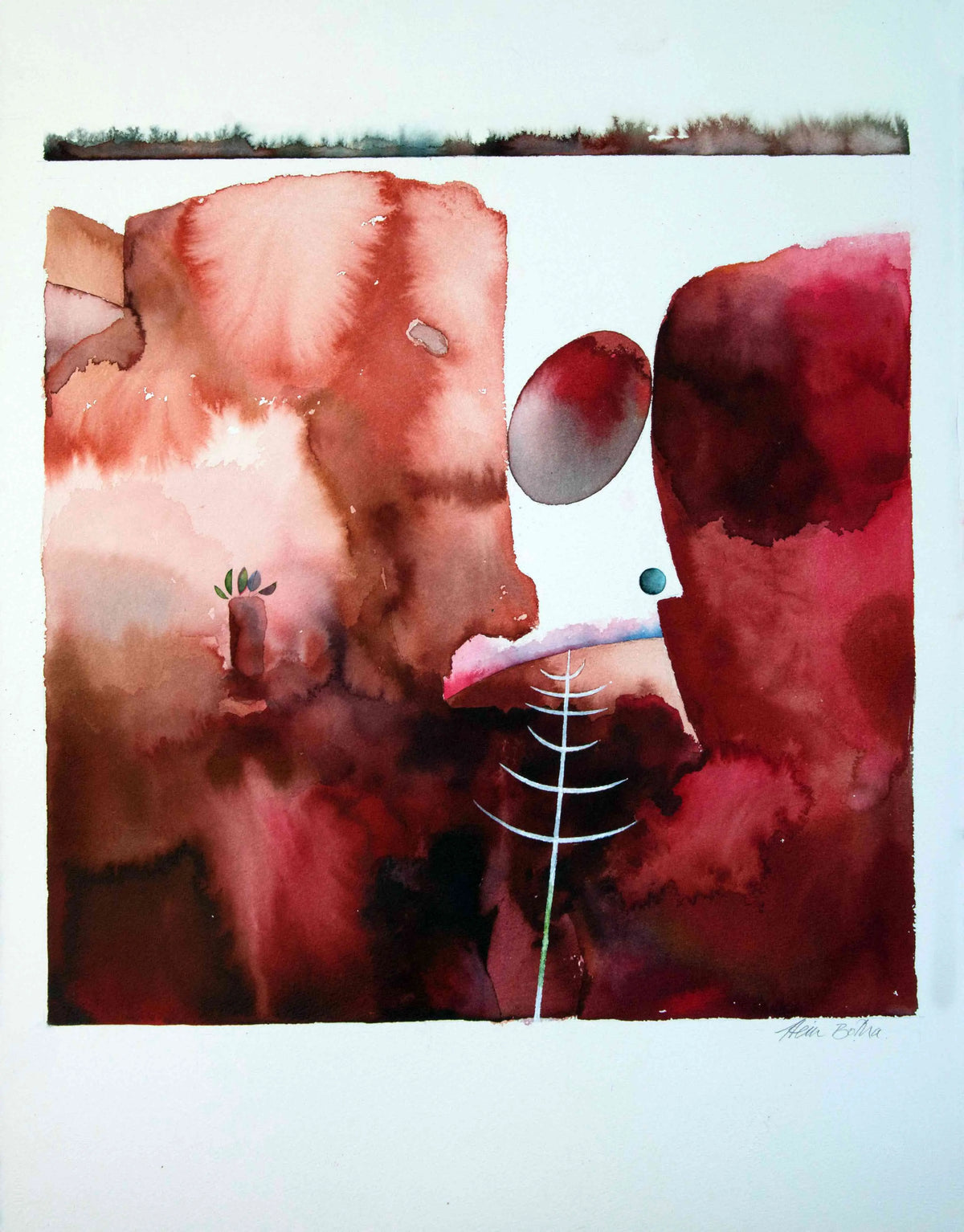 An abstract watercolor painting on white paper, featuring textured reddish-brown and pink geometric forms.