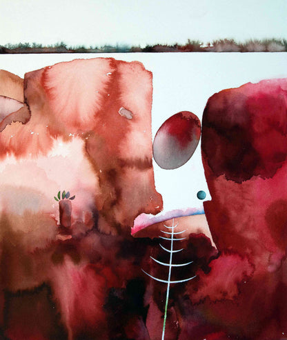 Abstract watercolor artwork with large reddish-brown and pink rock forms, a pale sky-like band across the top, and small white and blue line details.