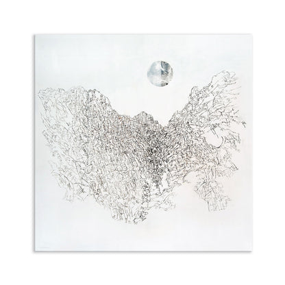 An abstract black and white ink sketch on canvas featuring a textured, sketchy mountain with a moon above it.