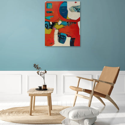While Rome Burns by Karen Hammat displayed on a blue wall above white panelling in a contemporary interior with a timber chair.