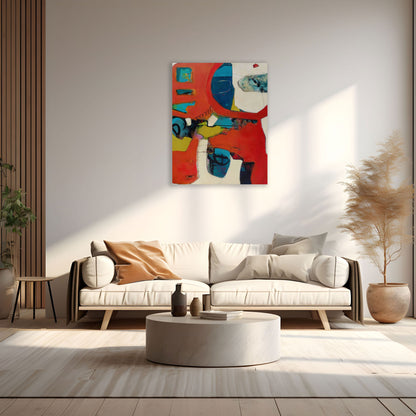 While Rome Burns by Karen Hammat displayed above a cream sofa in a light-filled contemporary living room.