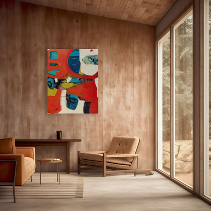 While Rome Burns by Karen Hammat displayed on a timber-panelled wall in a warm contemporary interior with large windows.