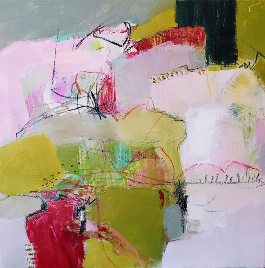 Of Morning And Mist by Karen Hammat, abstract painting in soft pink, grey and green with bold red, black and ochre forms, gestural marks and collage.