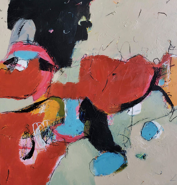 Pigments by Karen Hammat, abstract painting with bold red, blue, black and ochre forms, gestural lines and marks on a pale ground.