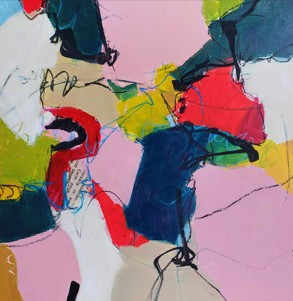 Unexpected by Karen Hammat, colourful abstract painting with pink, deep blue, red, yellow and green forms, gestural black lines and collage elements.