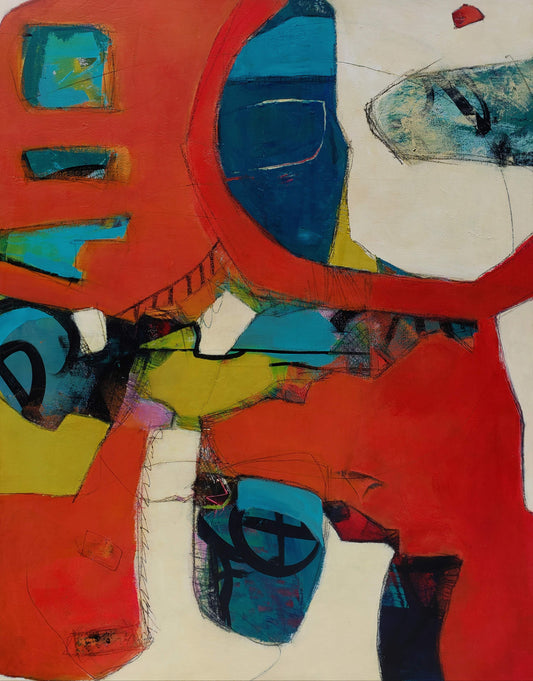 While Rome Burns by Karen Hammat, abstract painting dominated by vivid red, blue and cream forms with black gestural marks and areas of yellow and turquoise.