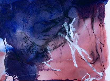Residual Air by Via Li, abstract figurative work on paper in deep indigo, dusty pink and white with gestural line drawing.