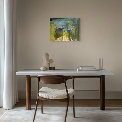 Game On by Irish-based woman artist Linda McCann, displayed above a contemporary desk and wooden chair. Abstract painting combining expressive brushwork and textile elements.