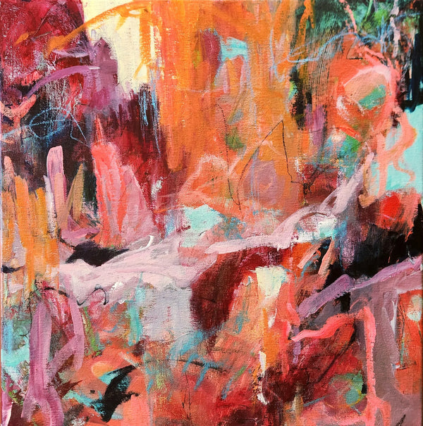 Memories of Childhood by Karen Hammat, an abstract painting with vibrant orange, red, pink and turquoise gestural marks and layered colour.