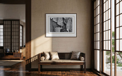 A framed black and white art print of an African elephant hangs on a beige wall in a contemporary neutral room.