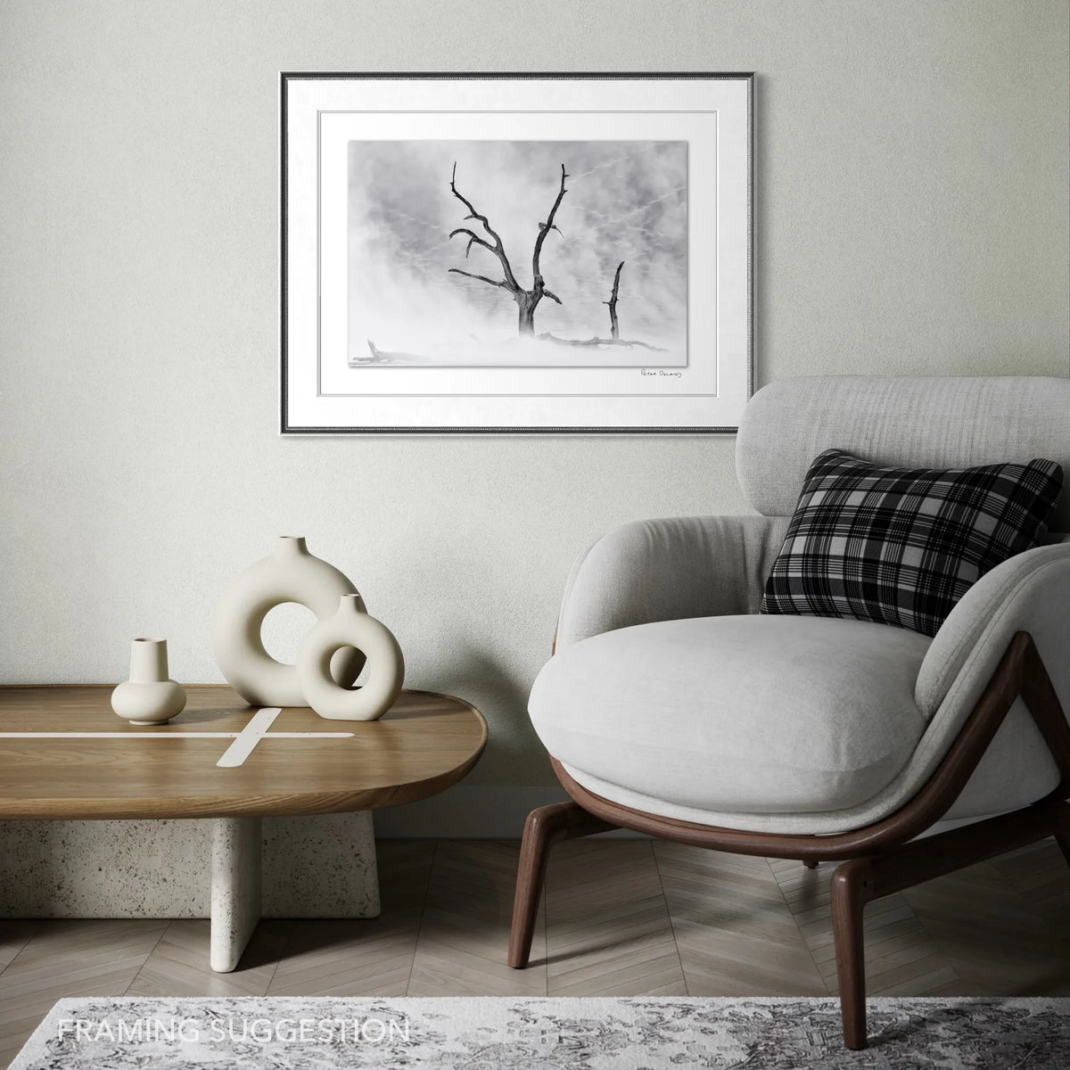 Peter Delaney black and white photograph of dead trees in Namibia’s Deadvlei, shown framed in a contemporary living room.