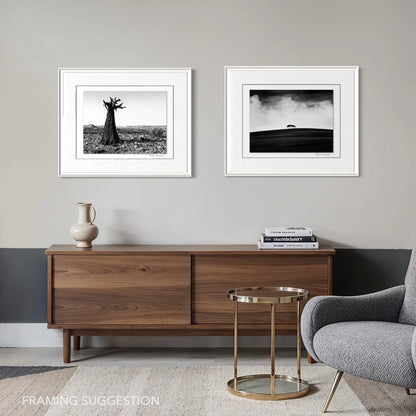 Peter Delaney black and white landscape photography set, featuring a quiver tree and moody landscape, displayed in white frames above a wooden sideboard.