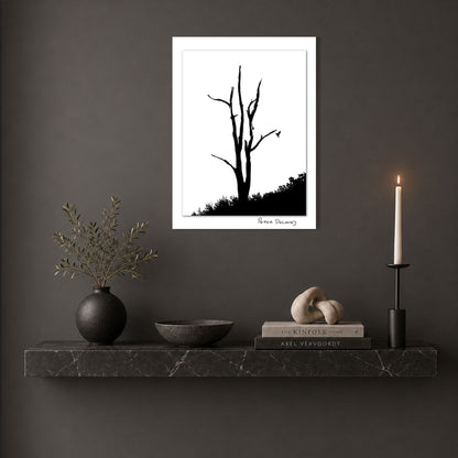 Peter Delaney’s black-and-white photograph of a leafless tree, framed in white and displayed above a dark marble shelf in a contemporary interior.