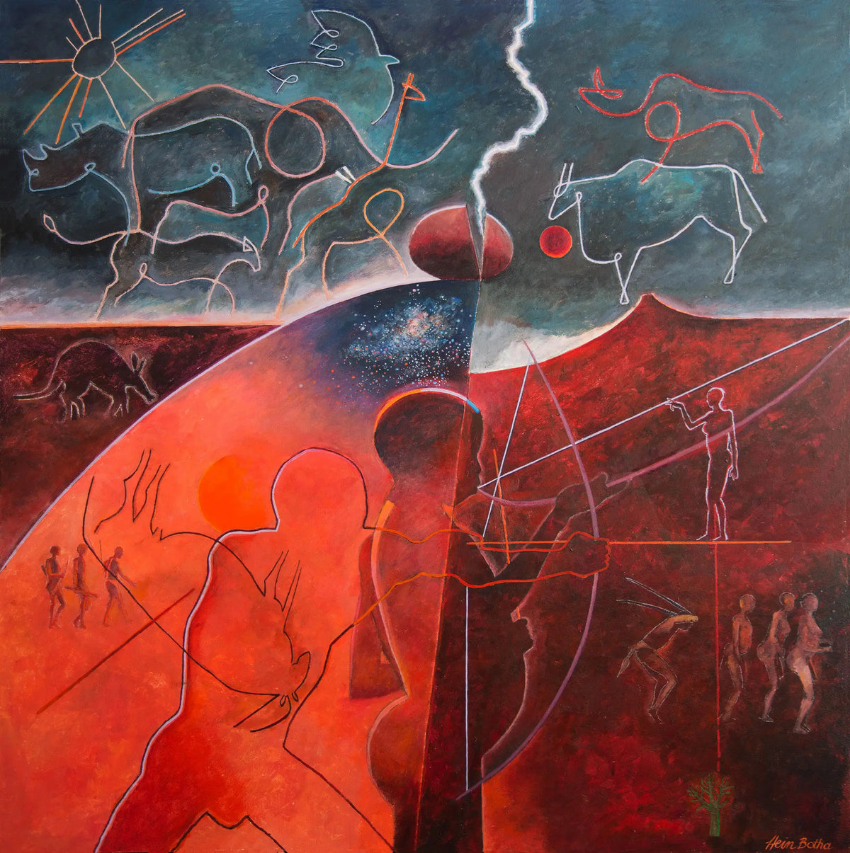 Colourful abstract figurative painting by Hein Botha with a central archer, outlined animals and human figures in red, orange and blue.