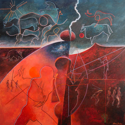Colourful abstract figurative painting by Hein Botha with a central archer, outlined animals and human figures in red, orange and blue.