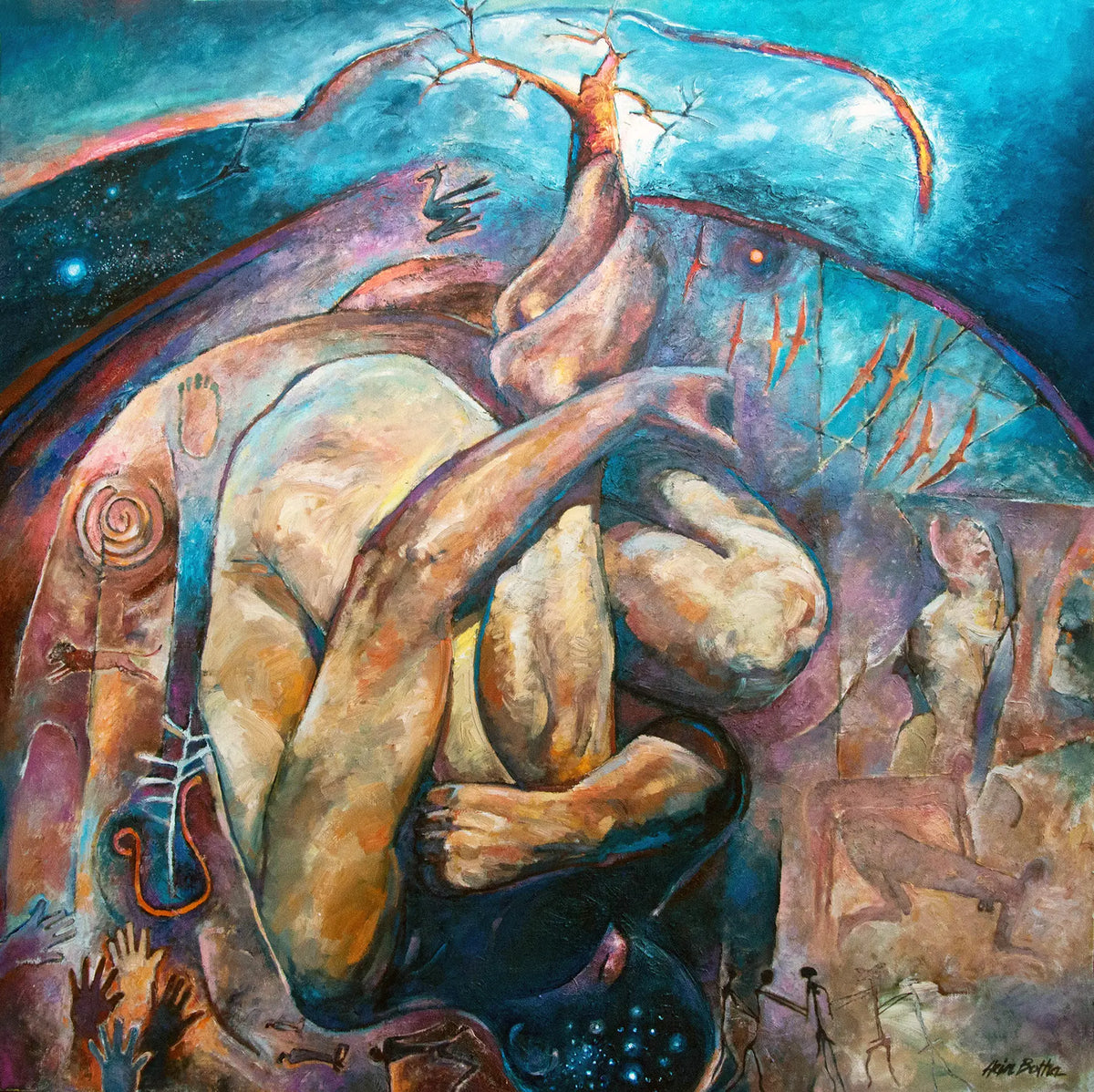 San Unslumber by Hein Botha, figurative acrylic painting on canvas inspired by San mythology, with intertwined human forms, symbolic markings and a vivid blue landscape.