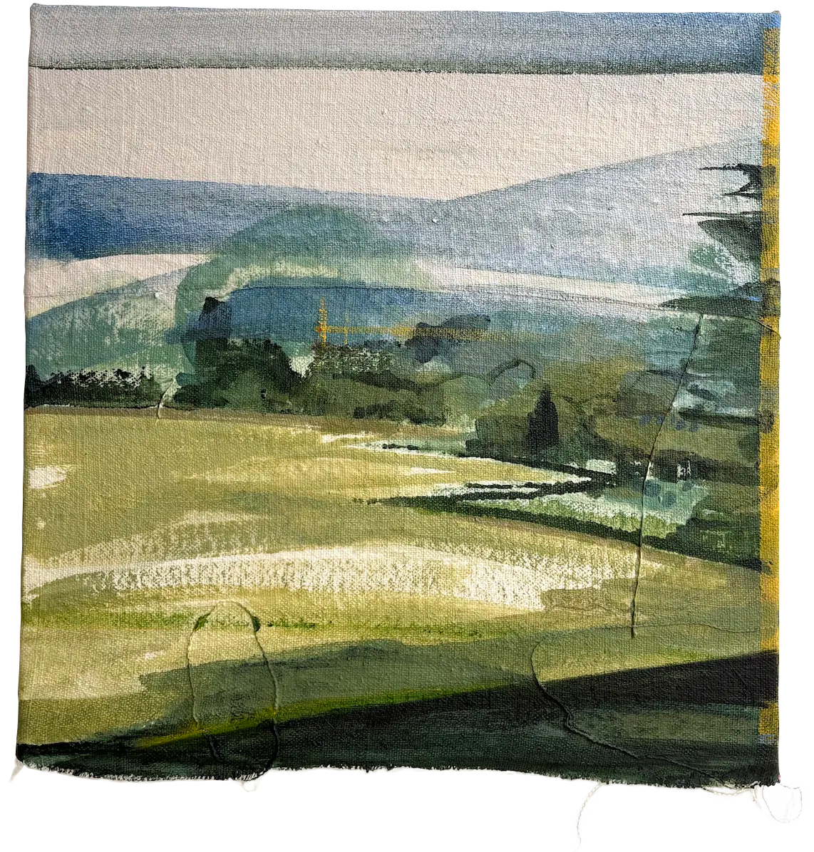 A square watercolor landscape painting on textured paper, depicting rolling green hills, a field, trees, and distant blue mountains under a pale sky.