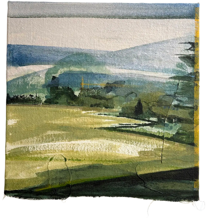 A square watercolor landscape painting on textured paper, depicting rolling green hills, a field, trees, and distant blue mountains under a pale sky.