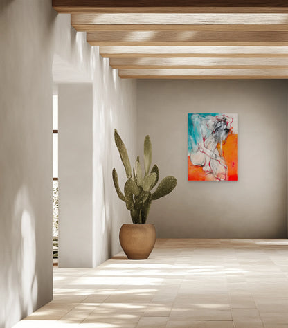 Burn by Via Li displayed in a contemporary gallery interior, showing the scale of the original figurative painting.