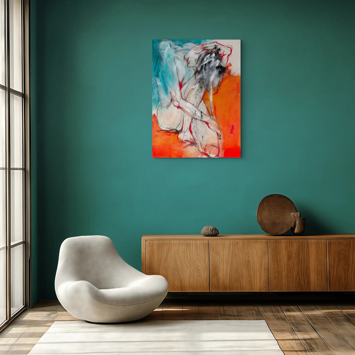 Burn by Via Li displayed on a teal wall in a contemporary living space.