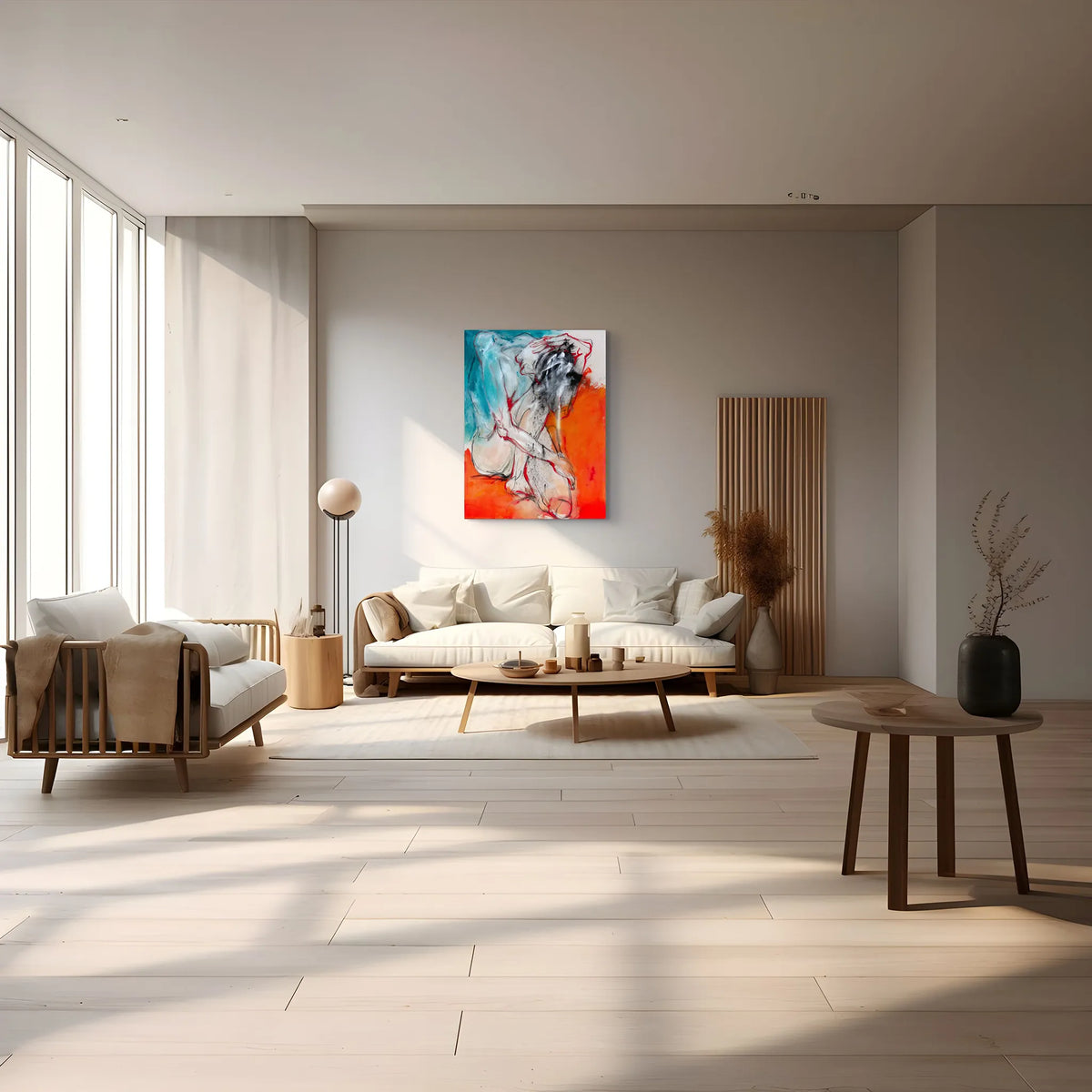 Burn by Via Li displayed above a sofa in a large contemporary interior, showing the painting in scale.
