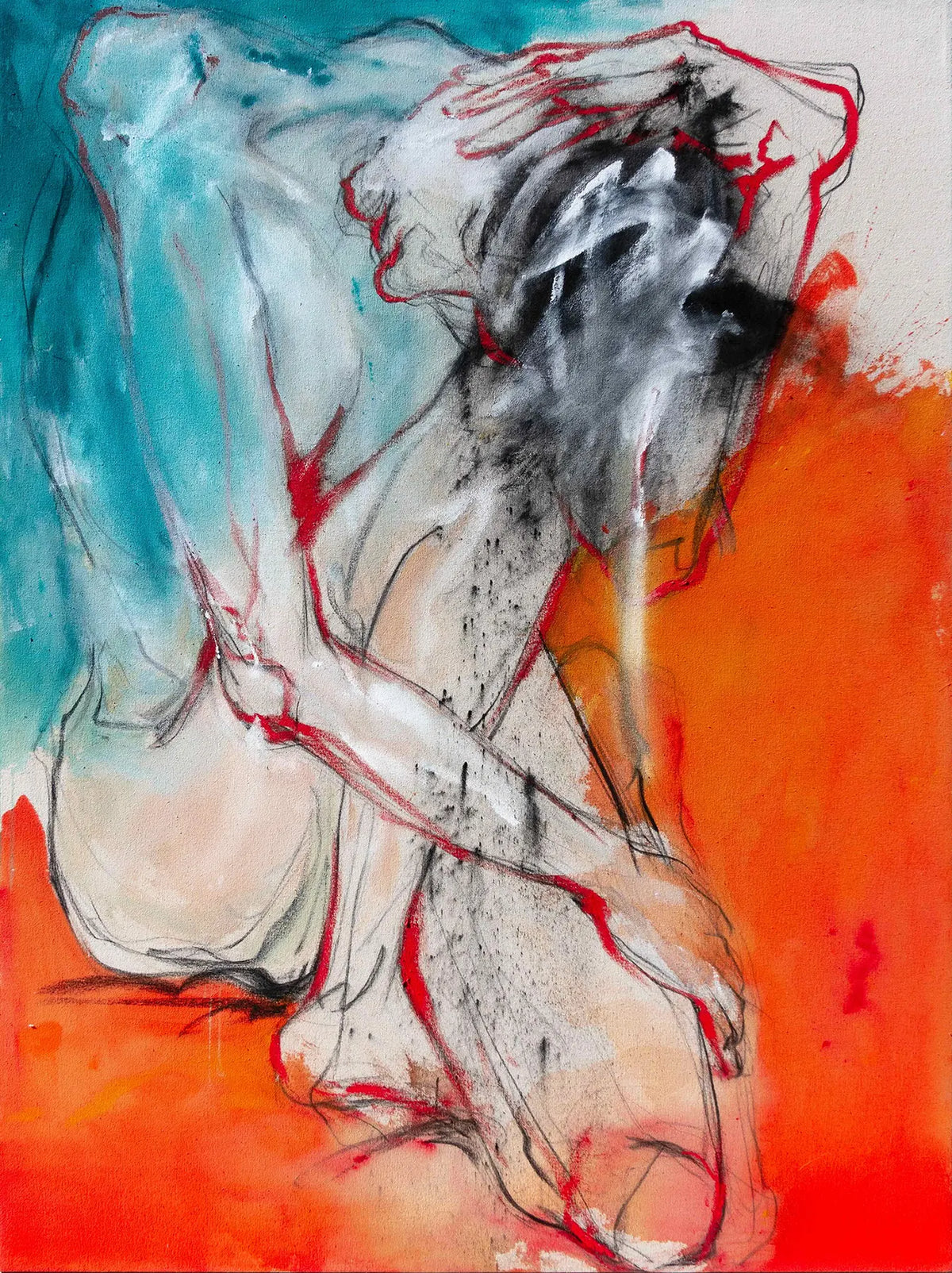 Burn by Via Li, contemporary figurative painting of a female figure in turquoise, orange, red and charcoal.
