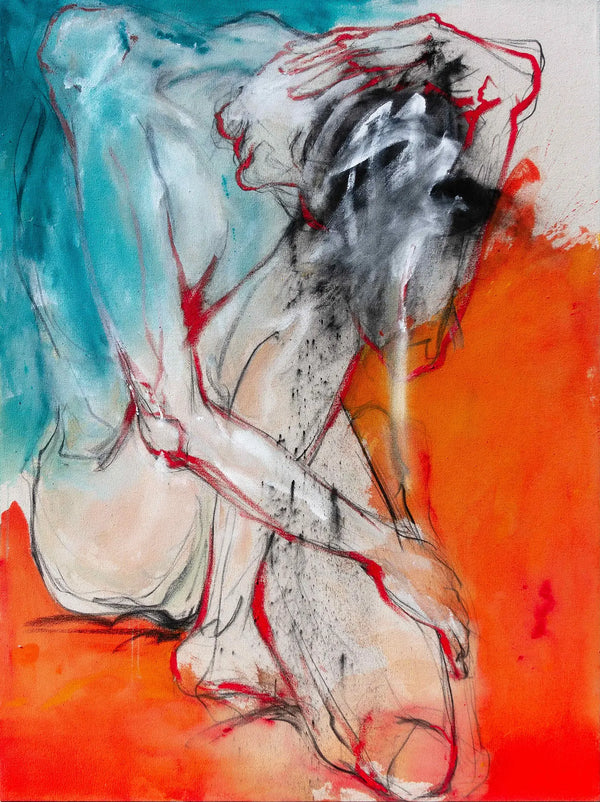 Burn by Via Li, contemporary figurative painting of a female figure in turquoise, orange, red and charcoal.