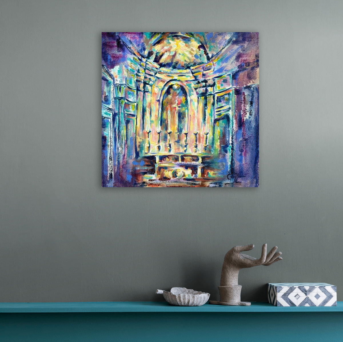 Grady T Zeeman’s Divine Luminosity I displayed in a contemporary interior, showing the scale and luminous colour of the church altar painting.