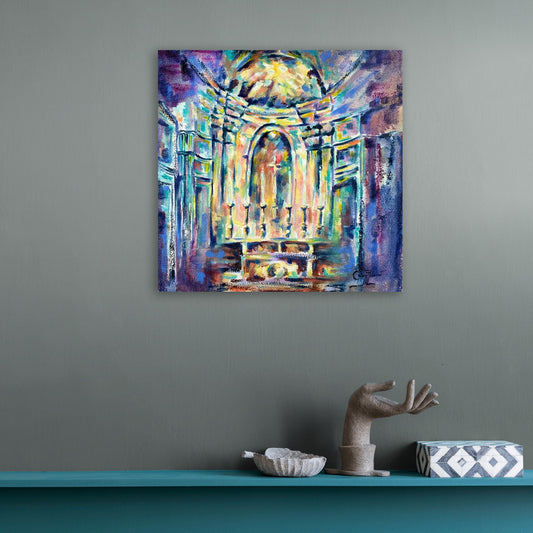 Grady T Zeeman’s Divine Luminosity I displayed in a contemporary interior, showing the scale and luminous colour of the church altar painting.