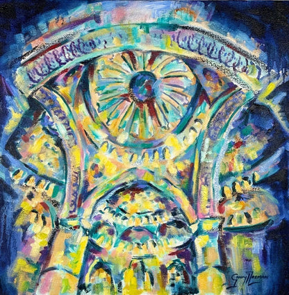Divine Luminosity IV by Grady T Zeeman, colourful oil painting of abstracted cathedral architecture filled with light.