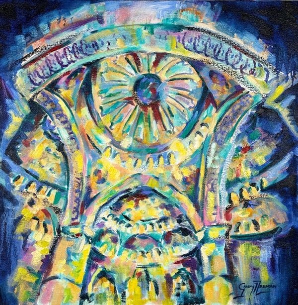 Divine Luminosity IV by Grady T Zeeman, colourful oil painting of abstracted cathedral architecture filled with light.