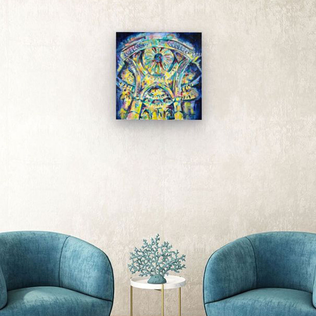 Divine Luminosity IV by Grady T Zeeman displayed above teal chairs, showing the scale of the colourful cathedral painting.