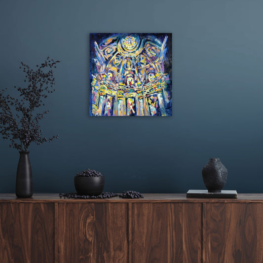 Divine Luminosity XV by Grady T Zeeman displayed in a contemporary interior, showing the scale of the colourful oil painting.