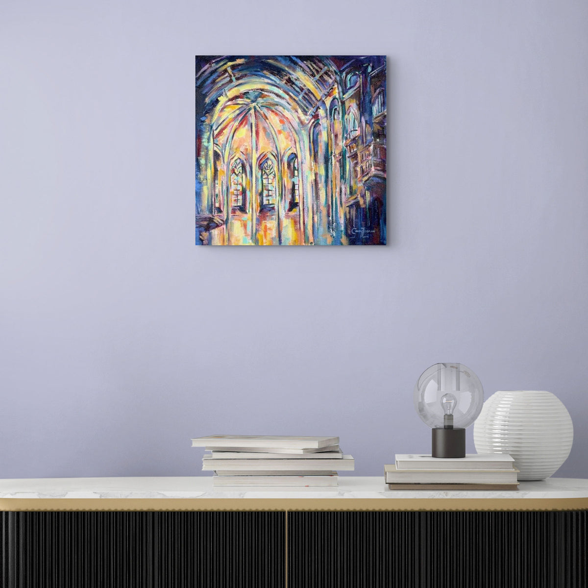 Grady T Zeeman’s Divine Luminosity XVI displayed in a contemporary interior, showing the scale and luminous colour of the cathedral painting.
