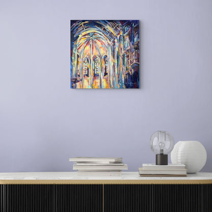 Grady T Zeeman’s Divine Luminosity XVI displayed in a contemporary interior, showing the scale and luminous colour of the cathedral painting.
