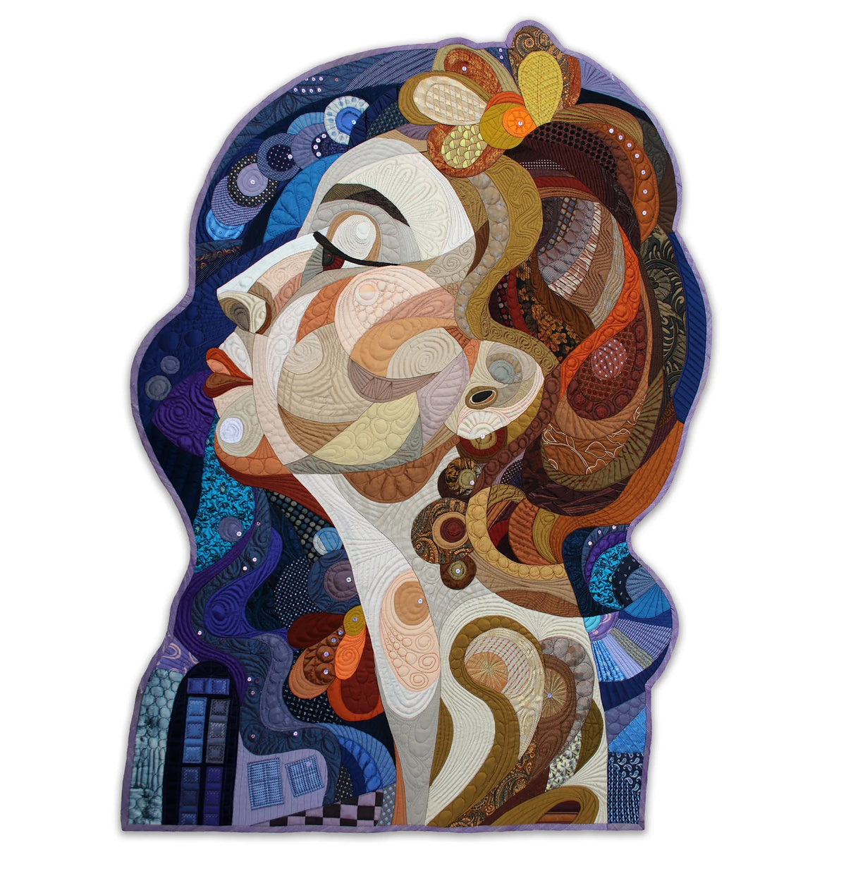 Evening Star by Galla Grotto, contemporary textile art portrait created with layered fabrics, intricate stitching and richly patterned quilting.
