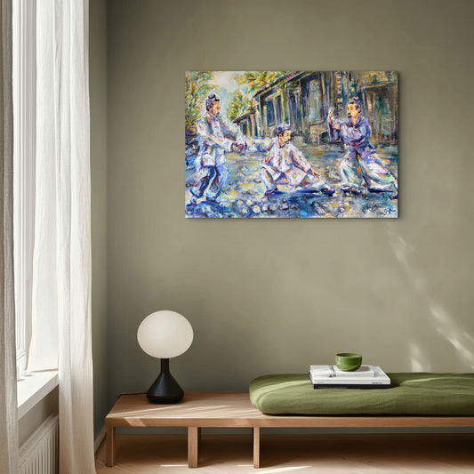 Gentle Discipline by Grady T Zeeman displayed on a muted green wall above a wooden bench in a contemporary reading nook.