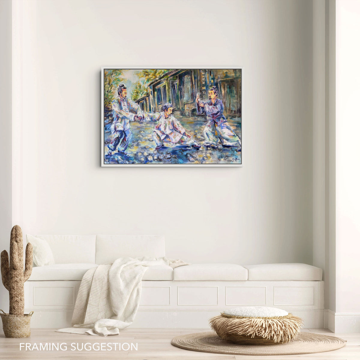 Gentle Discipline by Grady T Zeeman shown in a white frame above built-in seating in a light neutral interior.